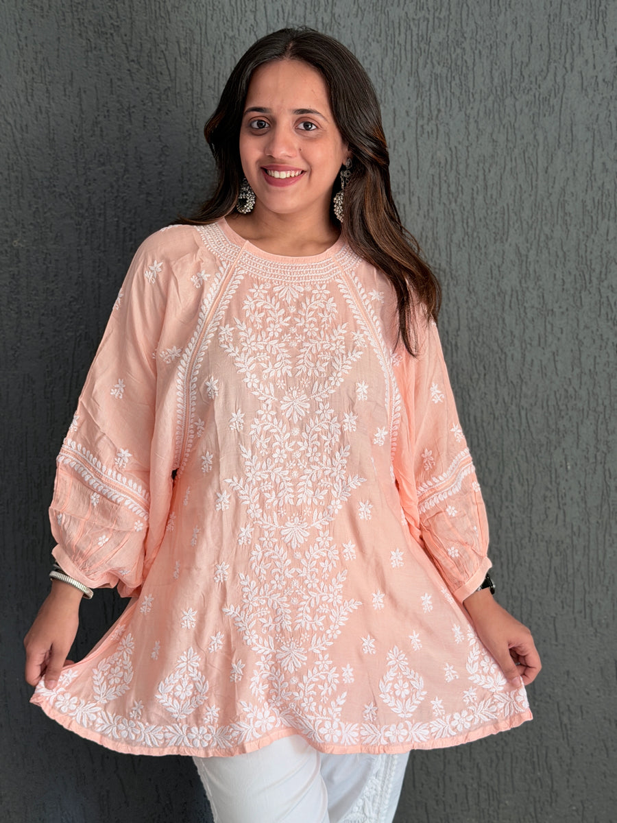 Premium Peach Muslin Chikankari Puff Sleeve Kurti