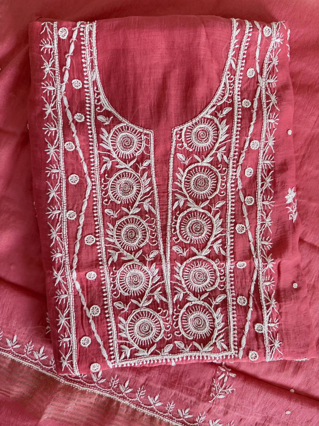 Chanderi Chikankari Solid Women's Unstitched Suit - Carrot Red