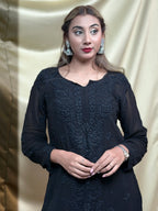 Viscose Chikankari Solid Women's Long Kurta - Black