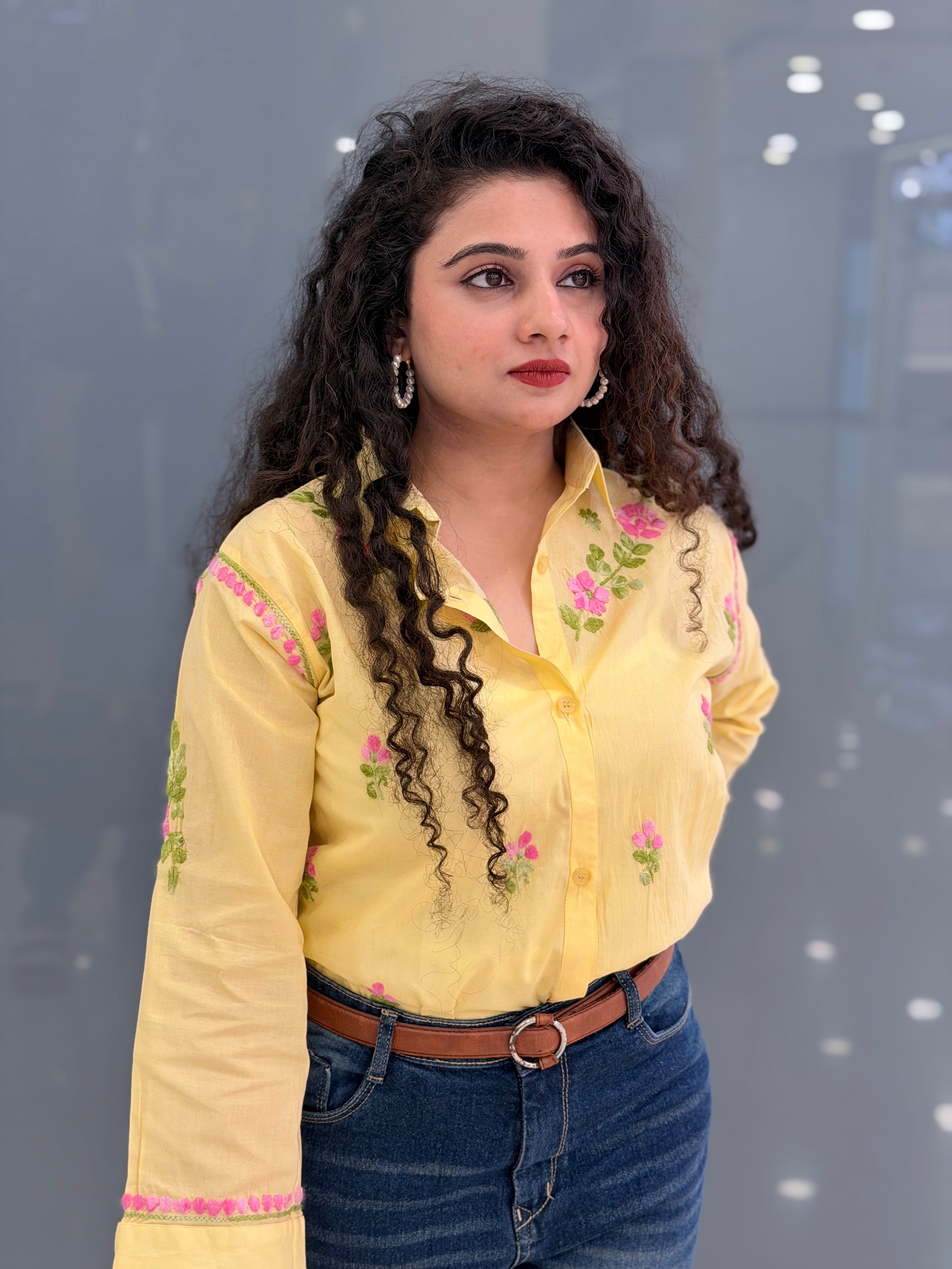 Sunshine Yellow Hand-Embroidered Chikankari Cotton Shirt Tunic