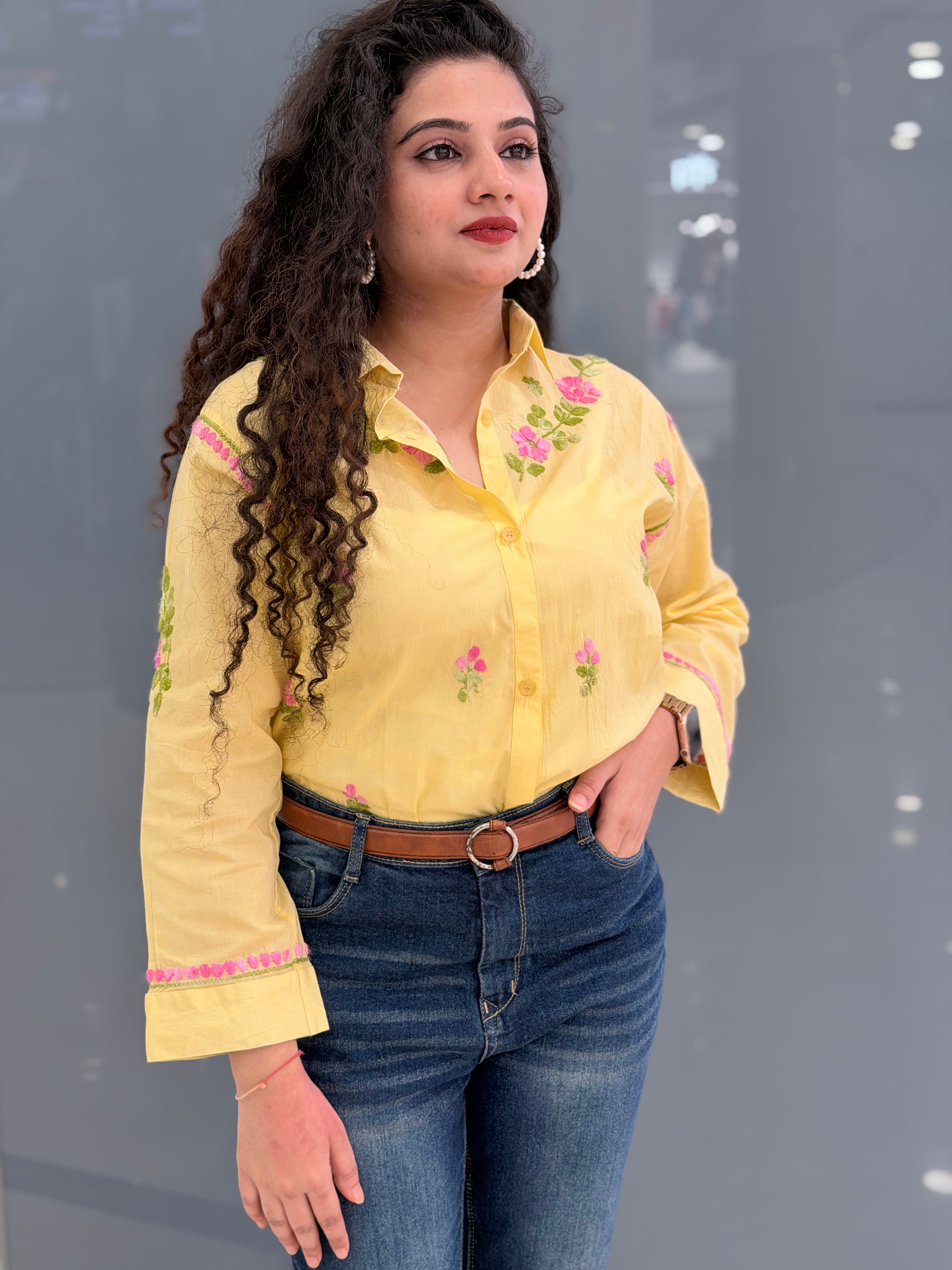 Sunshine Yellow Hand-Embroidered Chikankari Cotton Shirt Tunic