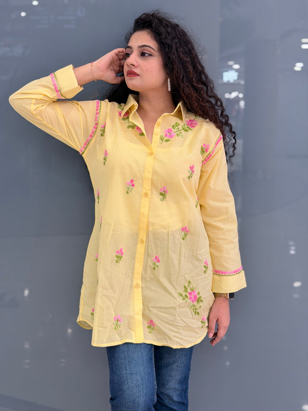 Sunshine Yellow Hand-Embroidered Chikankari Cotton Shirt Tunic