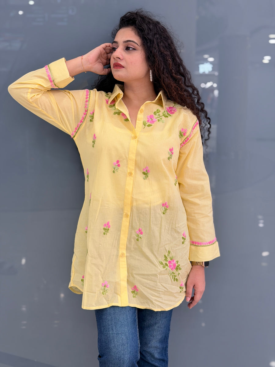 Sunshine Yellow Hand-Embroidered Chikankari Cotton Shirt Tunic