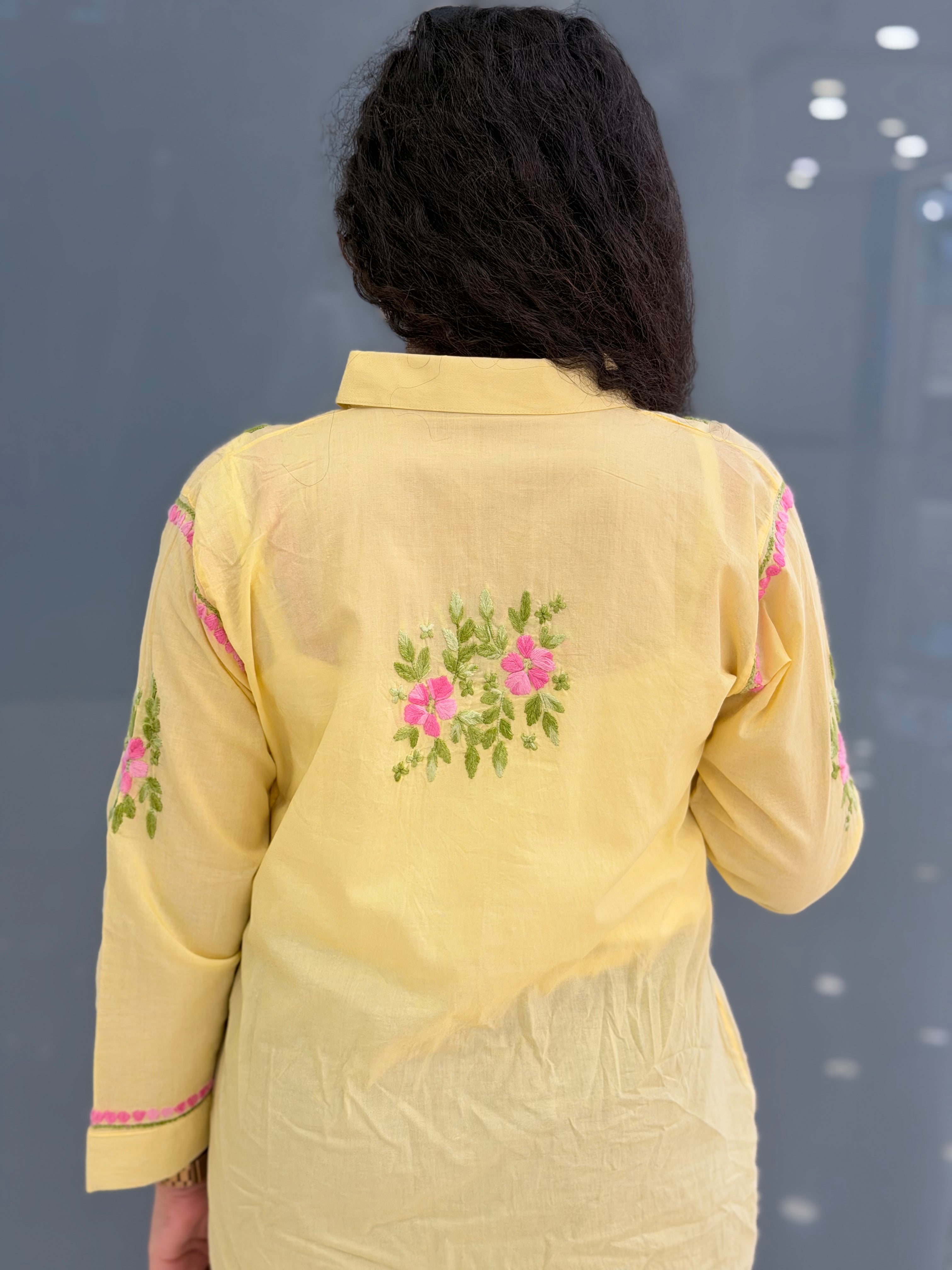 Sunshine Yellow Hand-Embroidered Chikankari Cotton Shirt Tunic