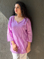 Mulmul Chikankari Solid Women's Short Kurta - Lavender