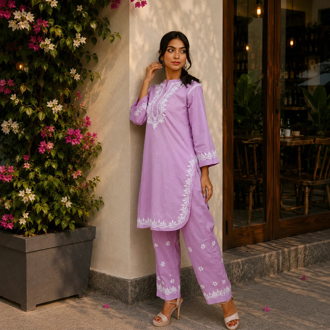 Cotton Chikankari Solid Women's 2 PC Cord Set - Lilac Bloom