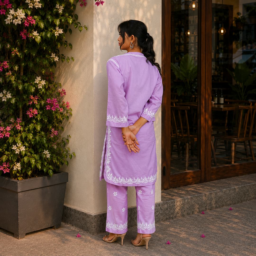 Lilac Bloom Pure Cotton Chikankari Co-ord Set