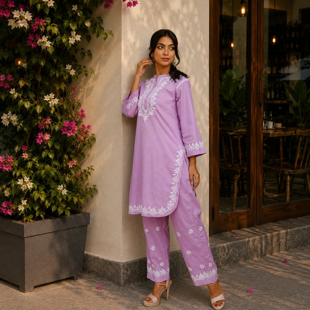 Lilac Bloom Pure Cotton Chikankari Co-ord Set