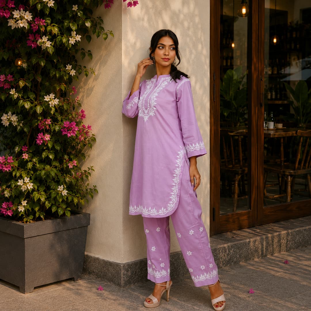 Lilac Bloom Pure Cotton Chikankari Co-ord Set