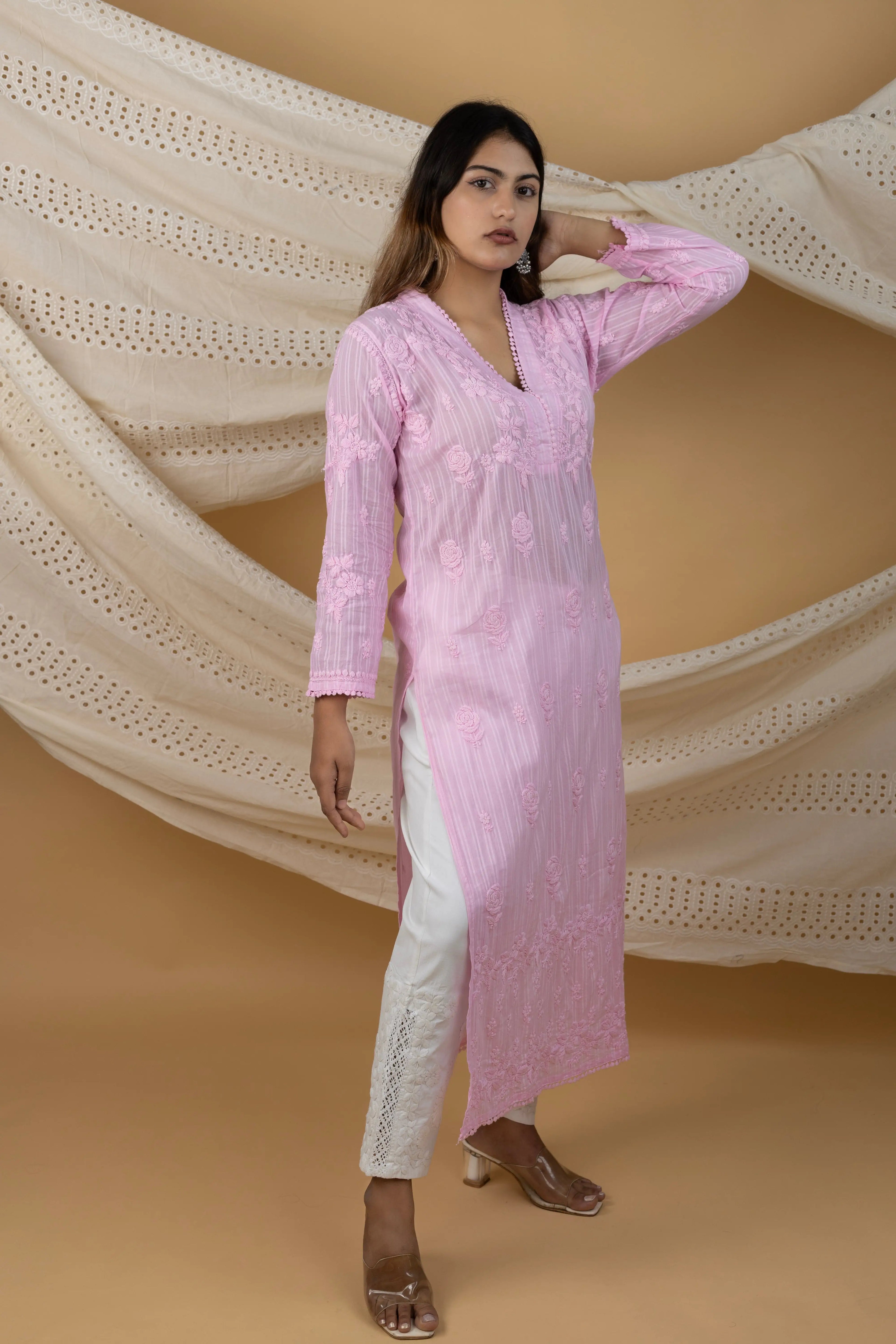 Blush Pink Pure Mulmul Kurti with Handwork Chikankari Embroidery