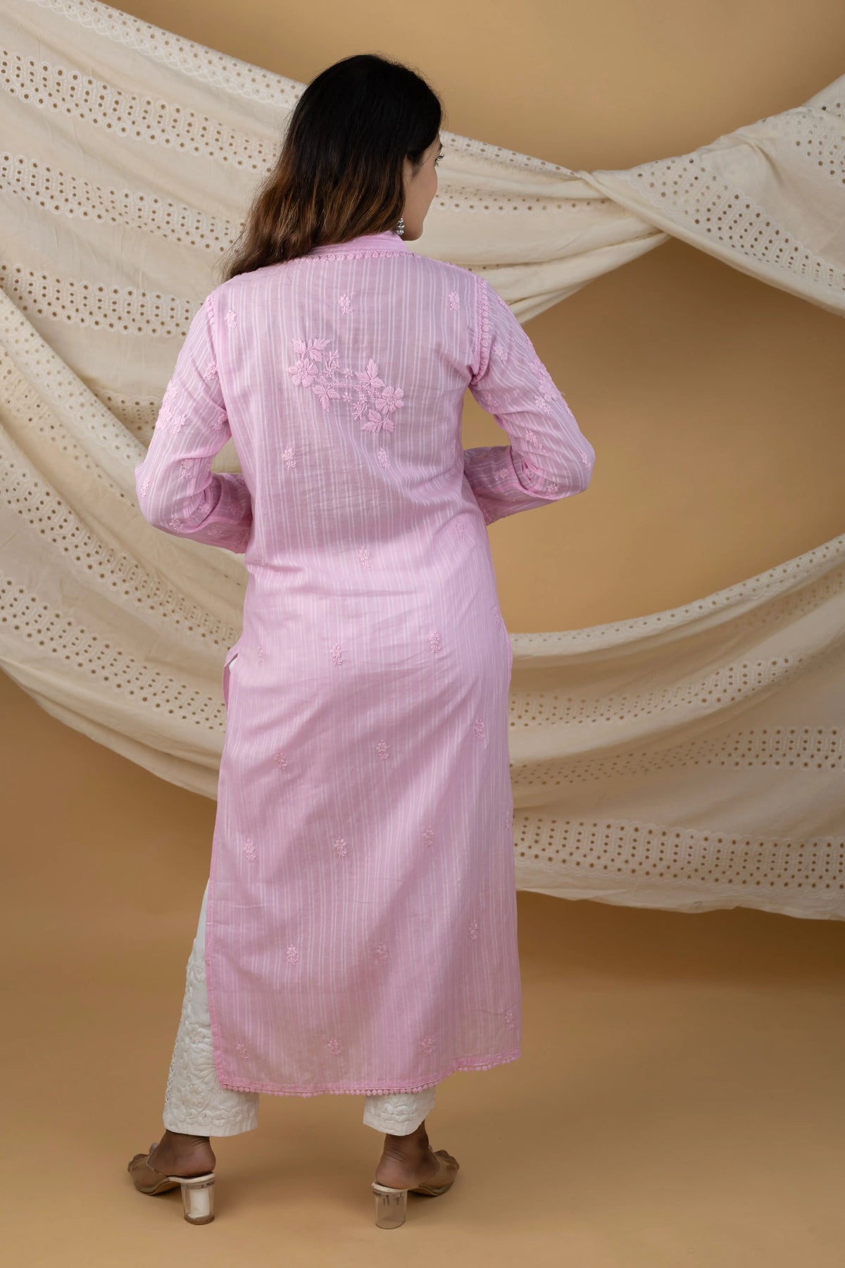 Blush Pink Pure Mulmul Kurti with Handwork Chikankari Embroidery