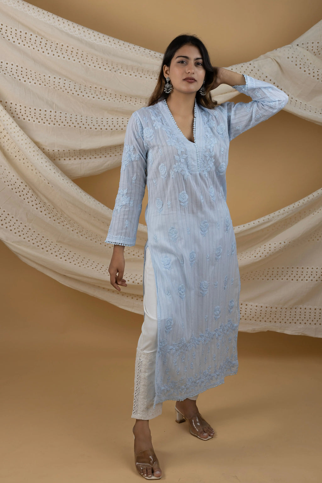 Sky Blue Pure Mulmul Chikankari Kurti – Handcrafted Elegance
