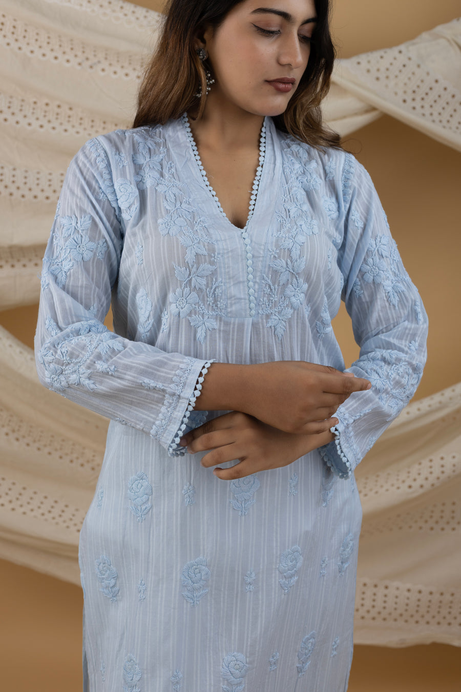 Sky Blue Pure Mulmul Chikankari Kurti – Handcrafted Elegance