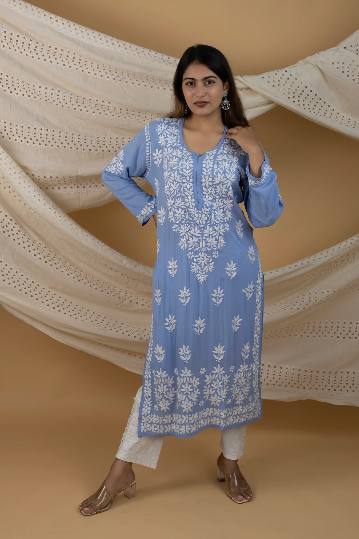 Elegant Blue Modal Kurta with Handwork Chikankari Embroidery