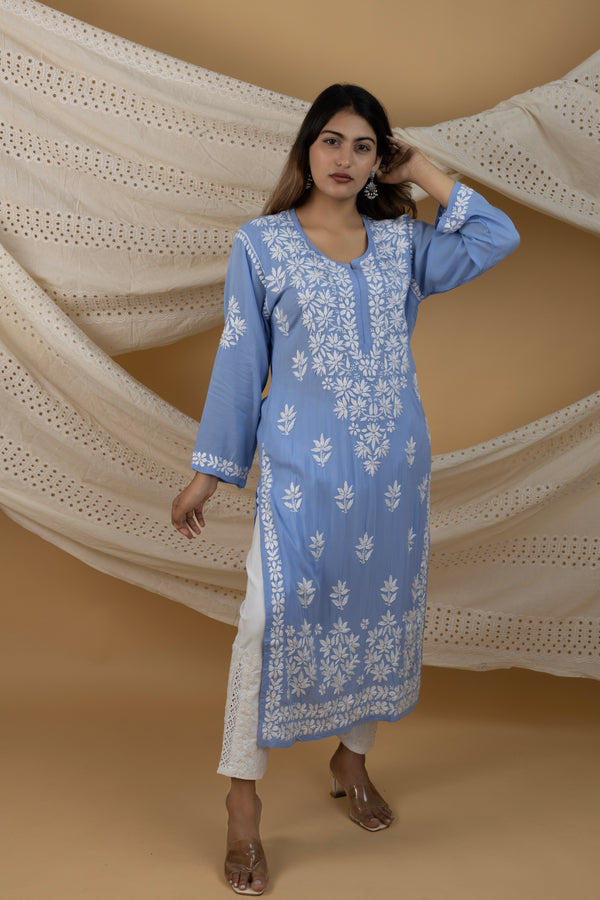 Elegant Blue Modal Kurta with Handwork Chikankari Embroidery