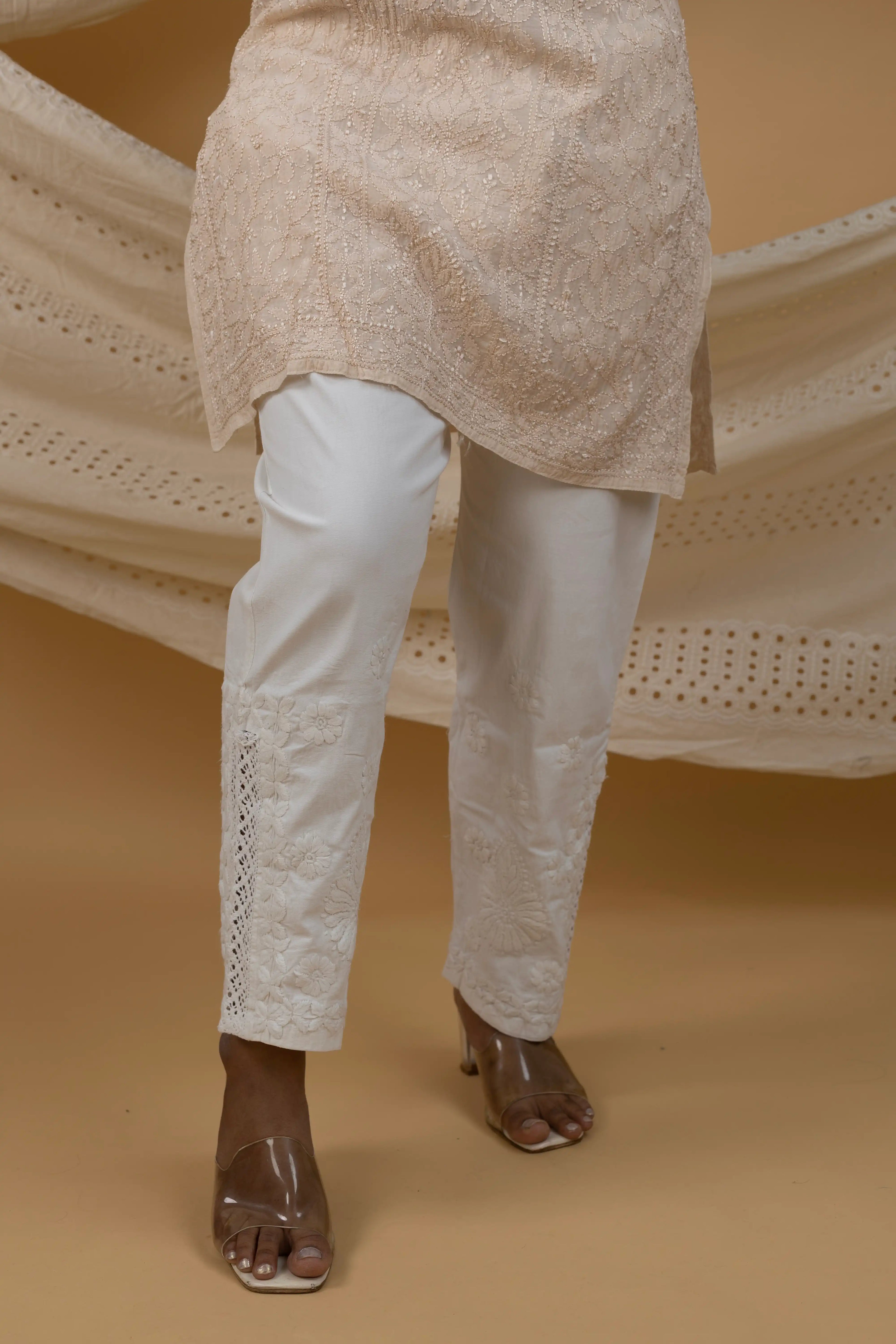 Cotton Straight Pants with Hand Chikankari & Qureshia Lace Detailing
