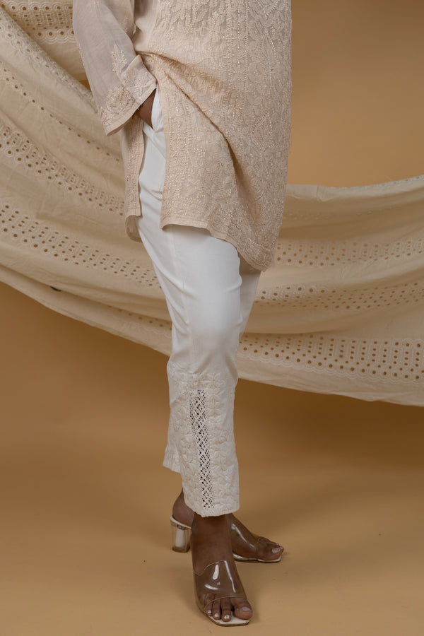 Cotton Straight Pants with Hand Chikankari & Qureshia Lace Detailing