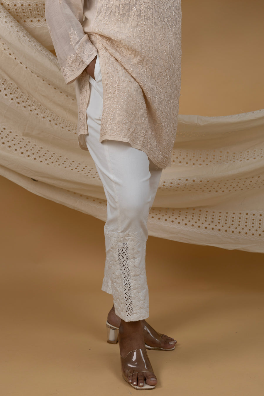 Cotton Straight Pants with Hand Chikankari & Qureshia Lace Detailing