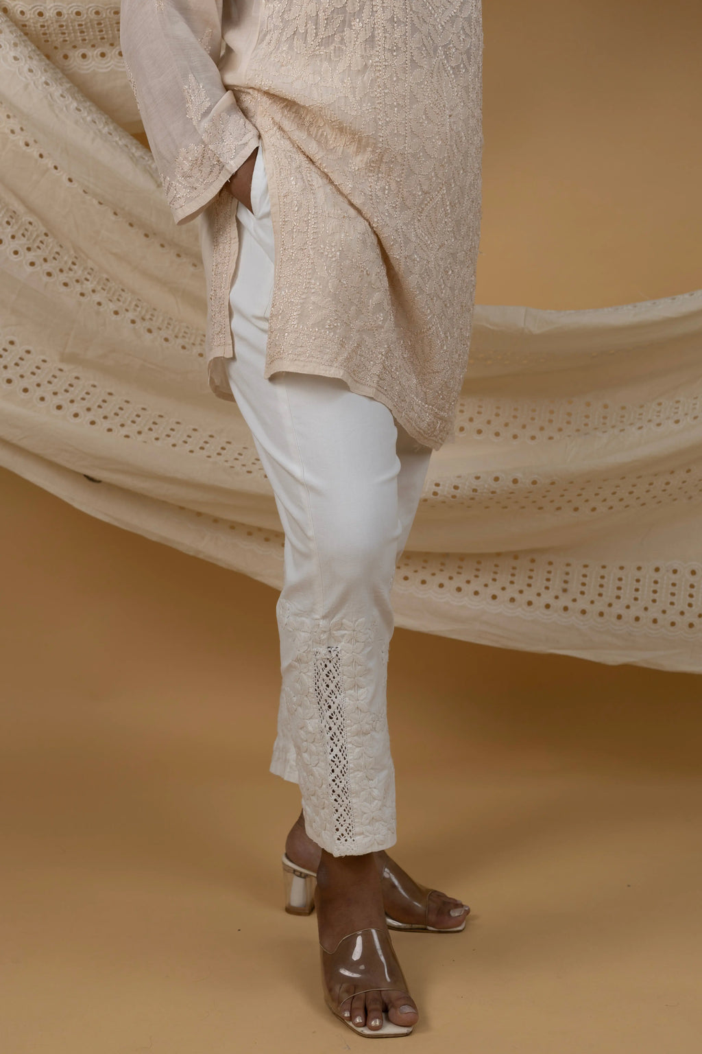 Cotton Straight Pants with Hand Chikankari & Qureshia Lace Detailing