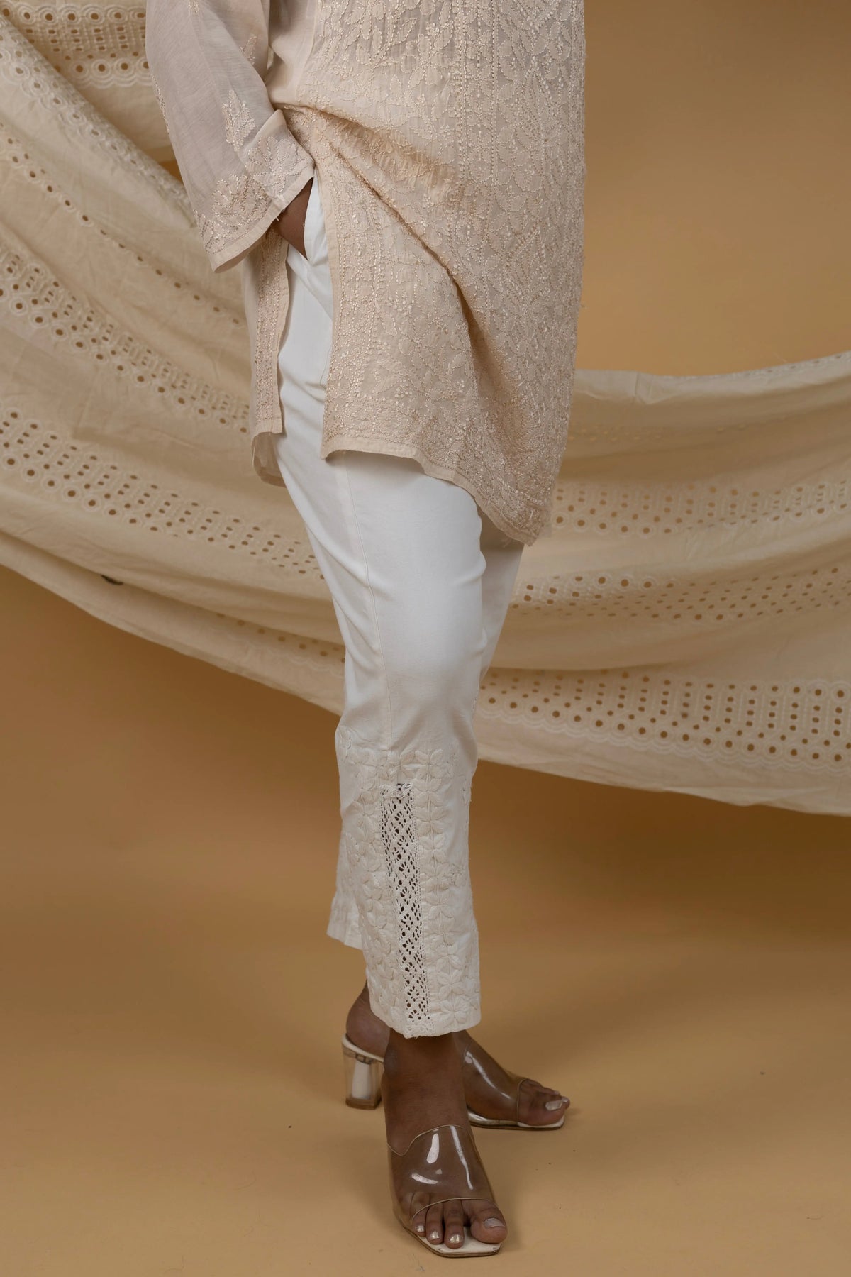 Cotton Straight Pants with Hand Chikankari & Qureshia Lace Detailing
