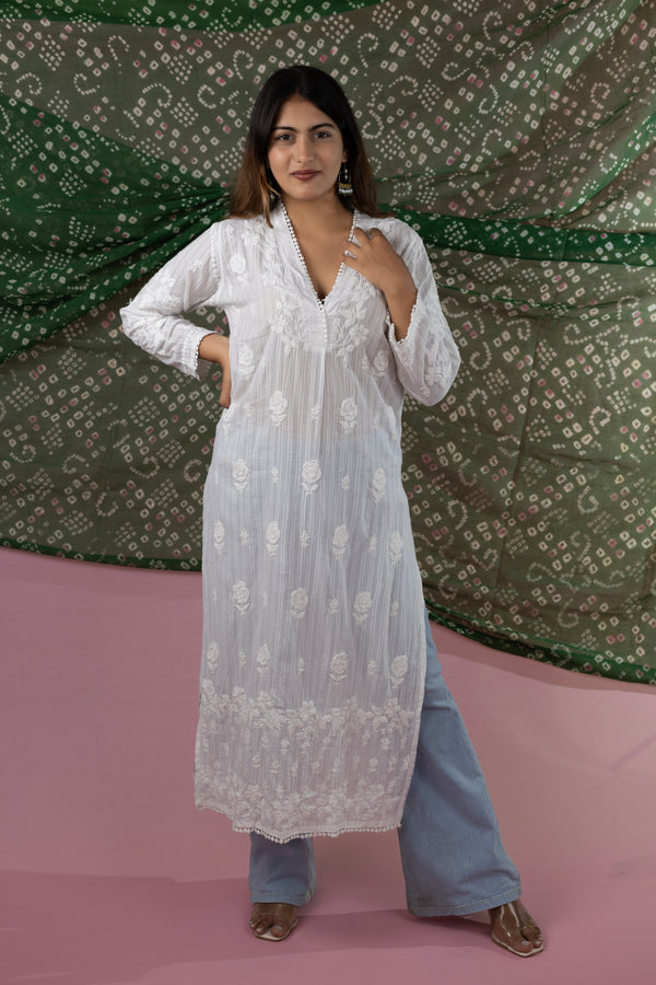 White Pure Mulmul Kurti with Handwork Chikankari Embroidery