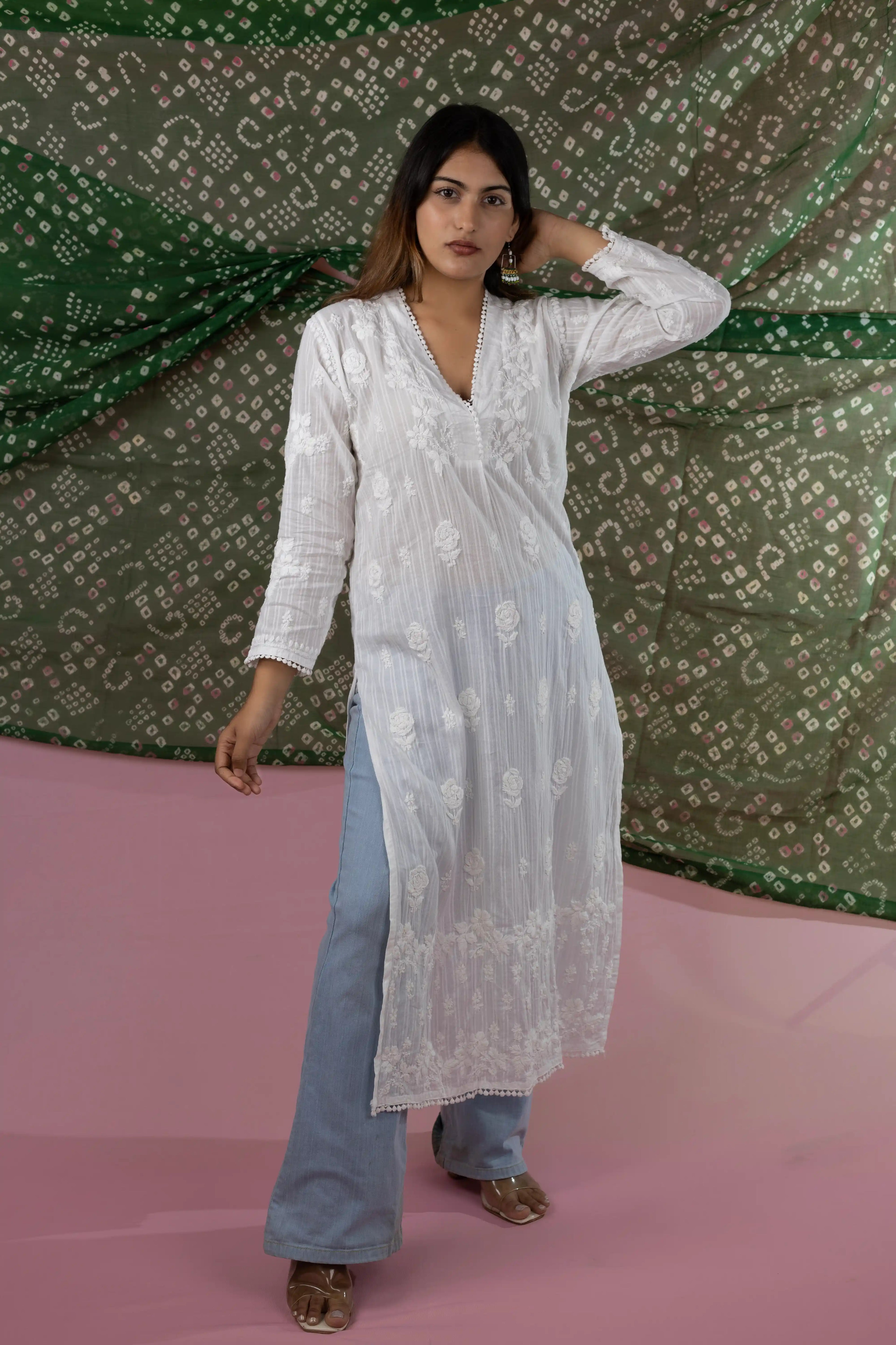White Pure Mulmul Kurti with Handwork Chikankari Embroidery