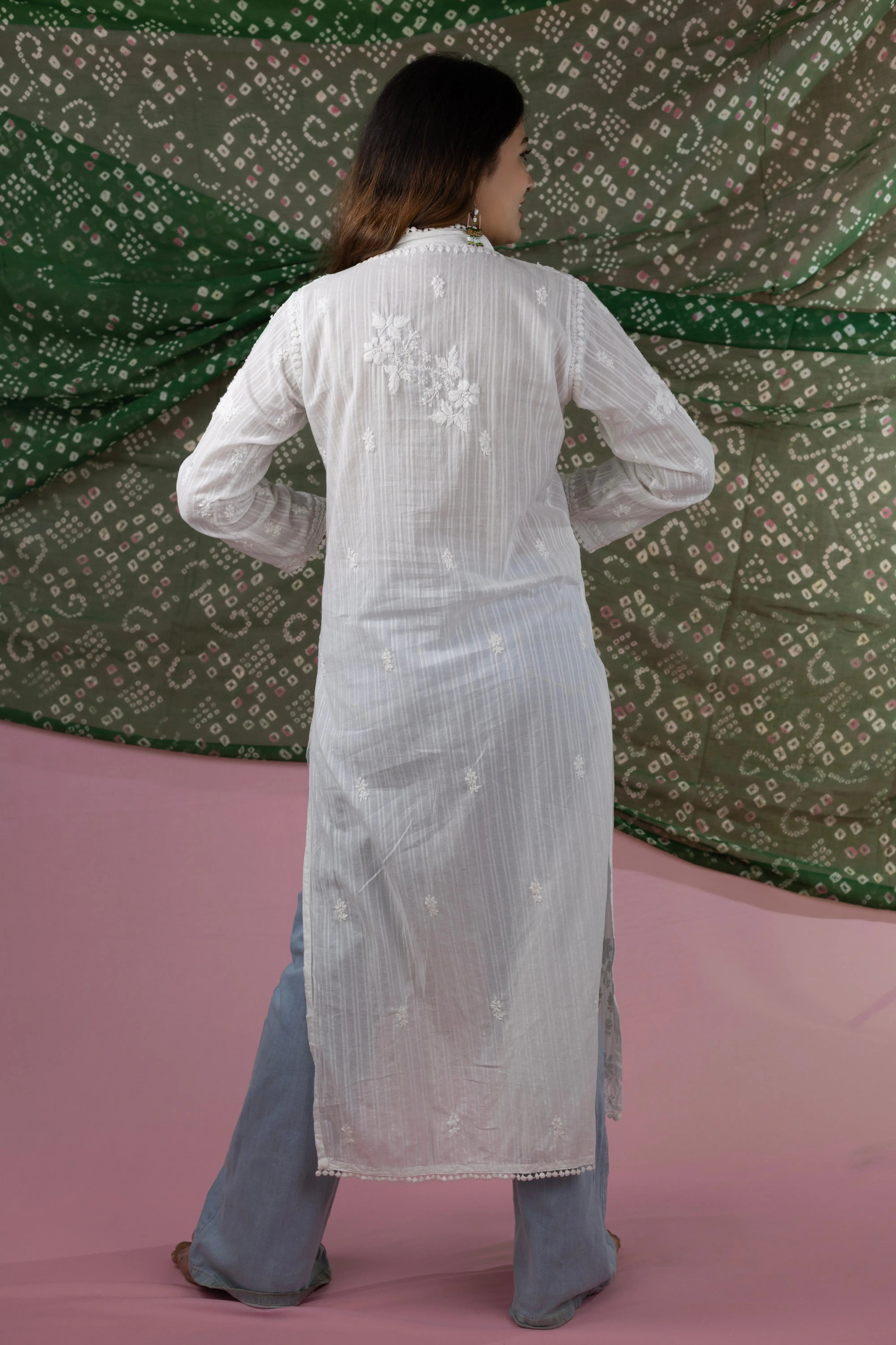 White Pure Mulmul Kurti with Handwork Chikankari Embroidery