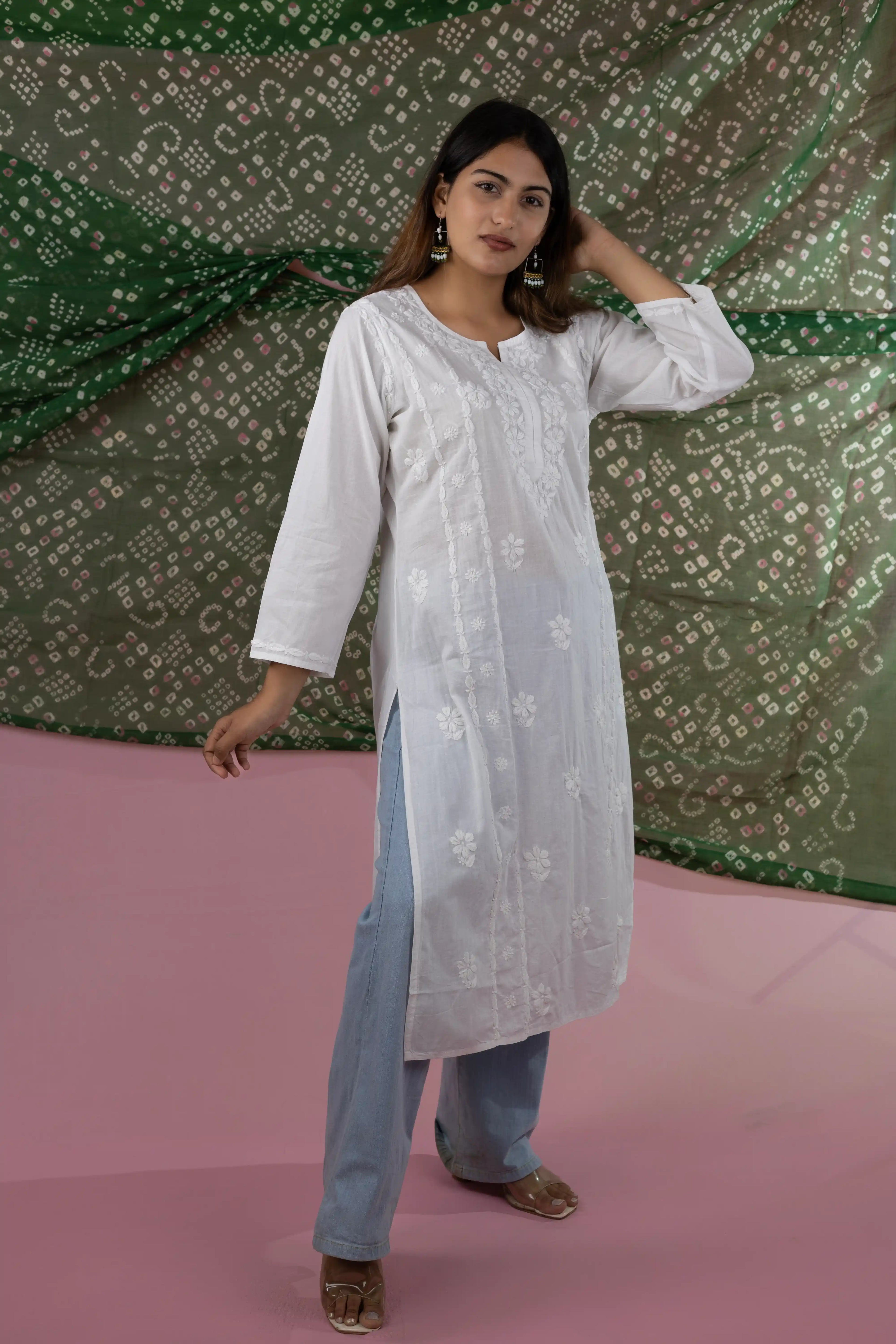 Elegant White Cotton Kurta with Hand Chikankari Embroidery