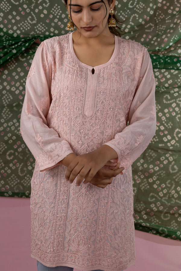 Peach Muslin Short Kurti with Handcrafted Chikankari Jaal Embroidery