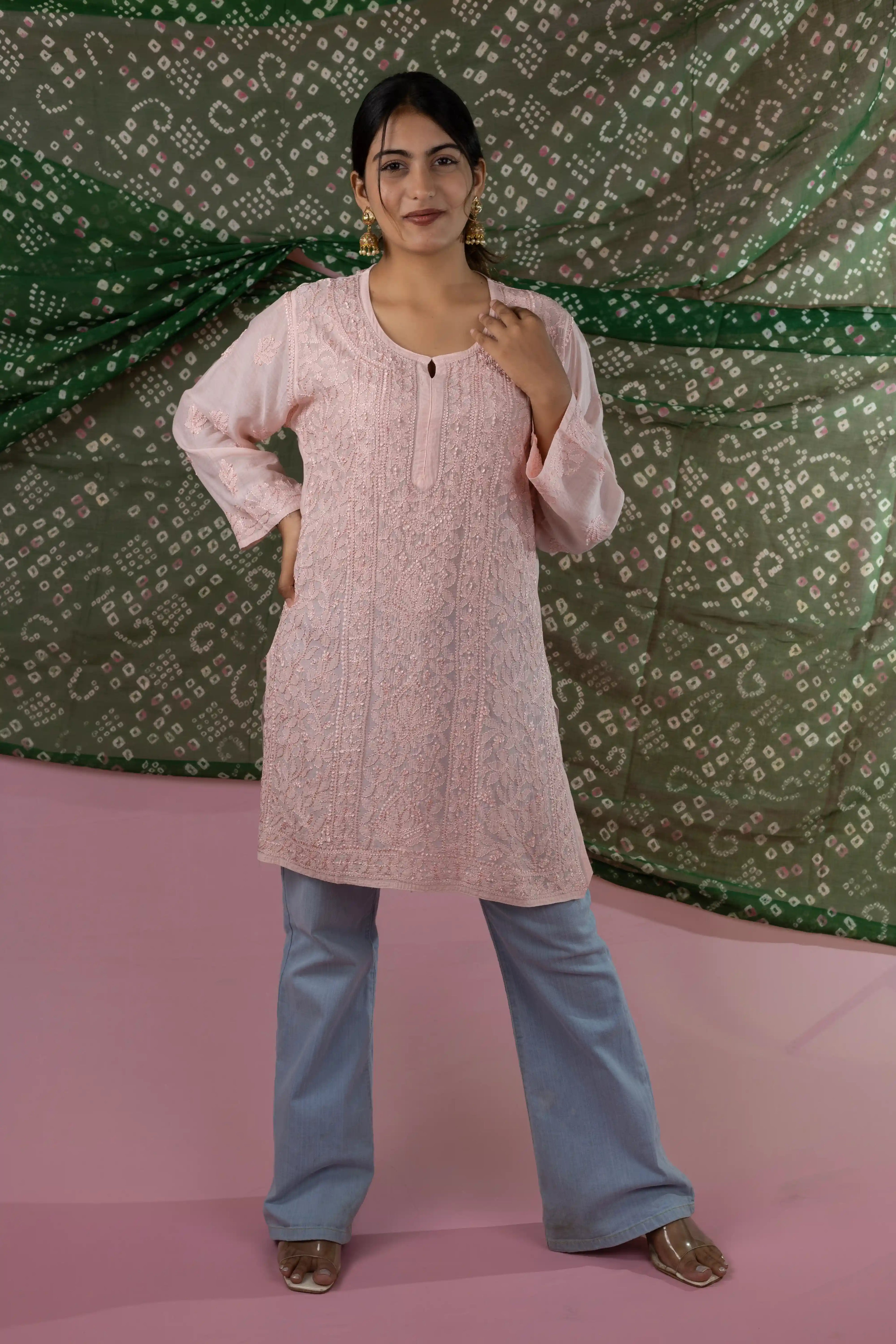 Peach Muslin Short Kurti with Handcrafted Chikankari Jaal Embroidery