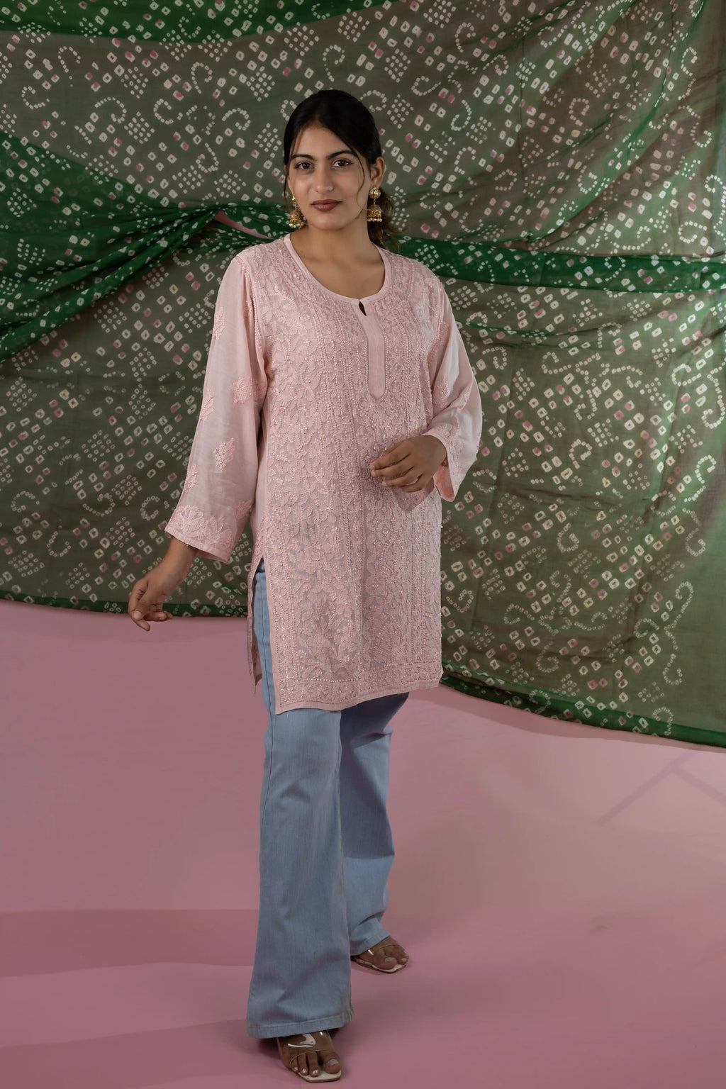 Peach Muslin Short Kurti with Handcrafted Chikankari Jaal Embroidery