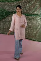 Peach Muslin Short Kurti with Handcrafted Chikankari Jaal Embroidery