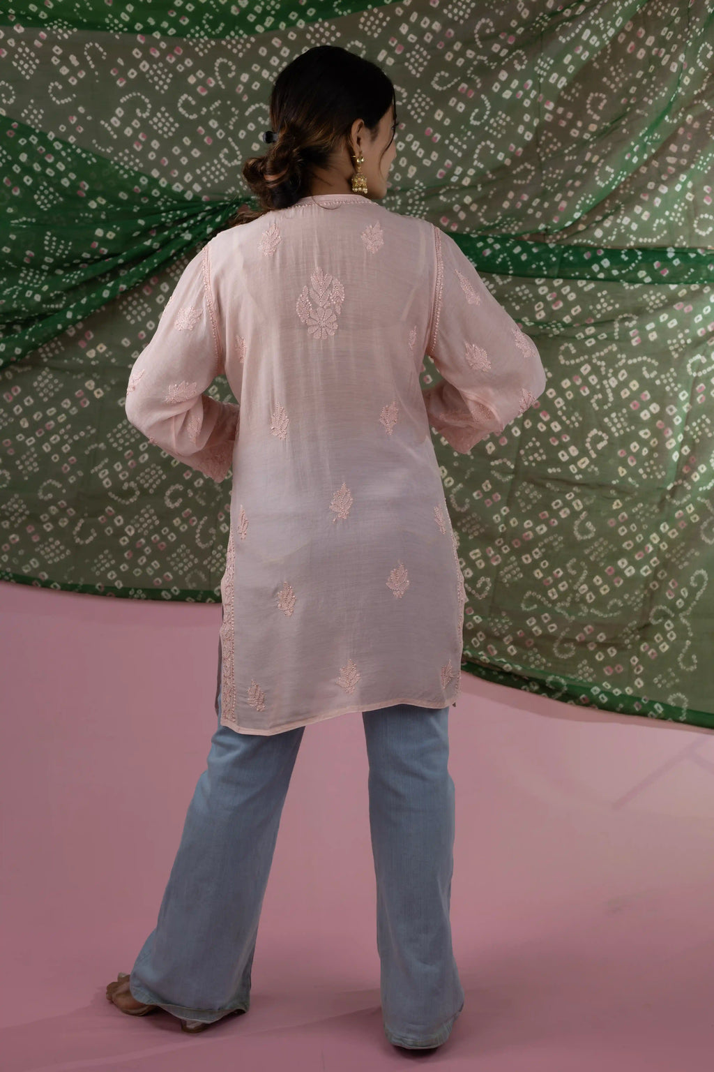 Peach Muslin Short Kurti with Handcrafted Chikankari Jaal Embroidery