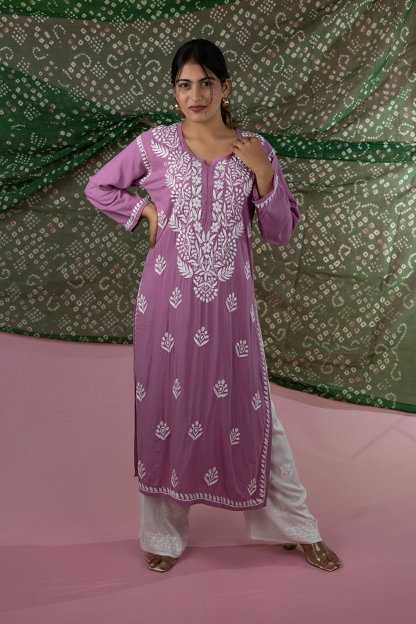 Dusty Lavender Handcrafted Chikankari Kurta in Heavy Rayon
