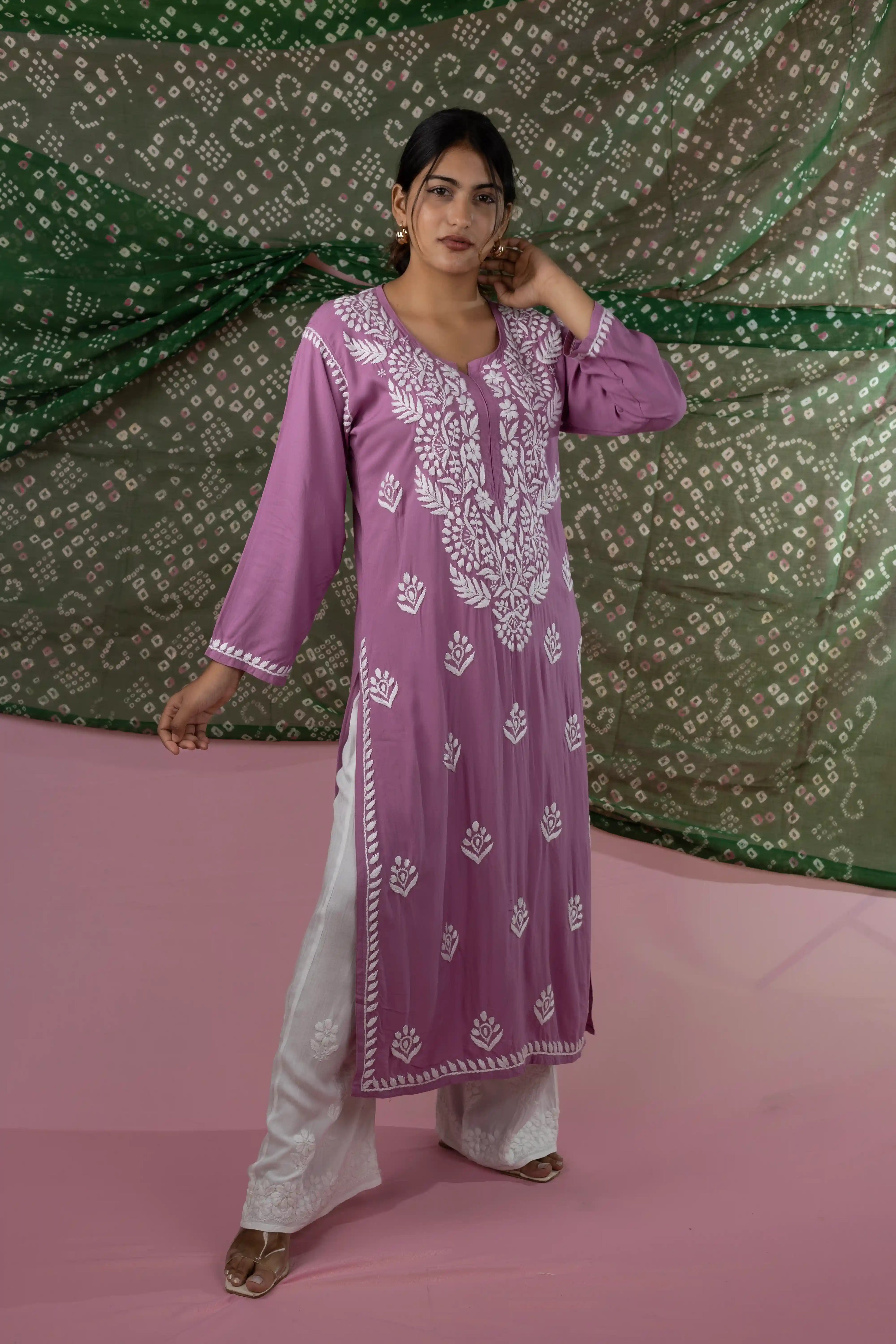 Dusty Lavender Handcrafted Chikankari Kurta in Heavy Rayon