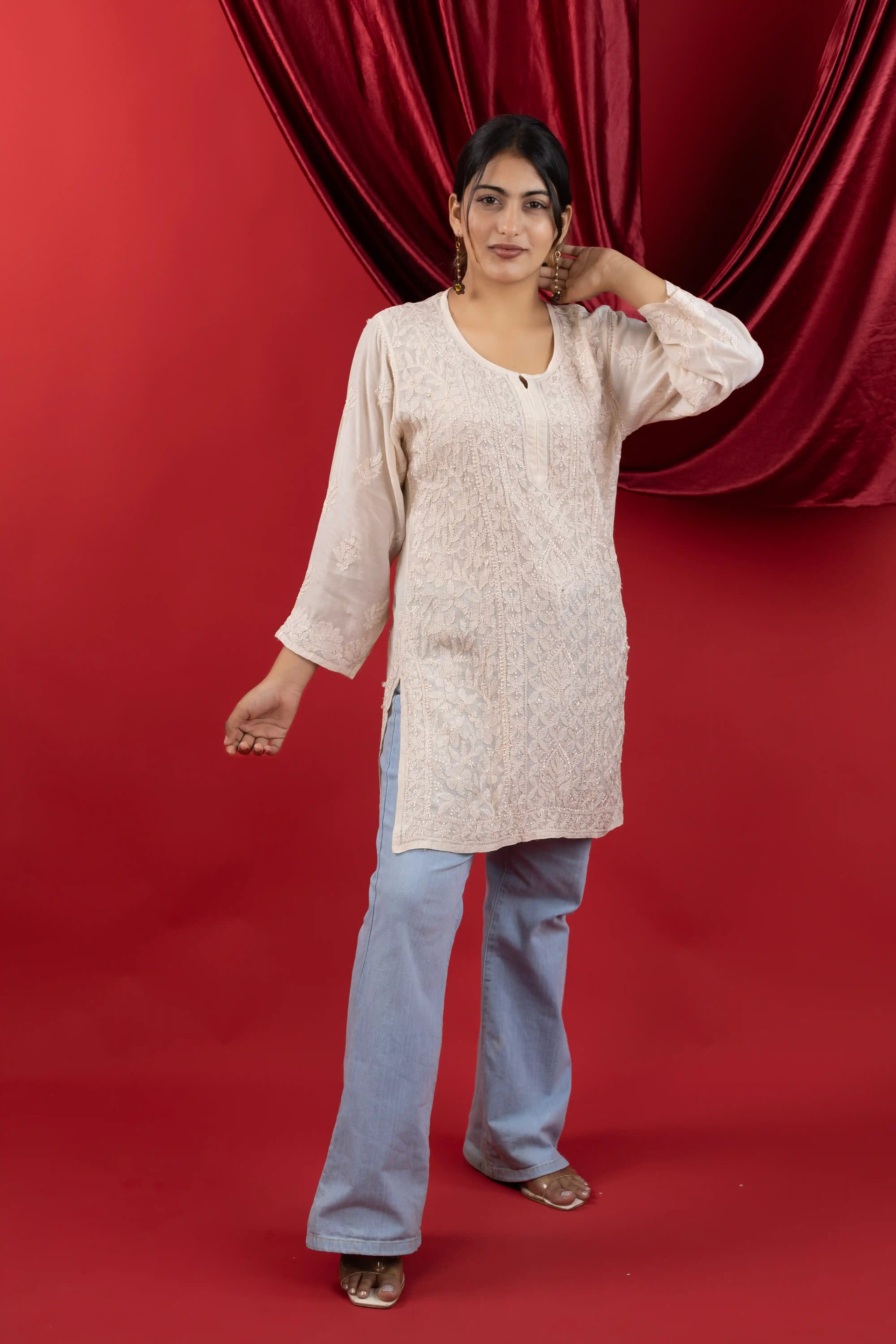 Beige Muslin Short Kurti with Hand Chikankari Jaal Embroidery