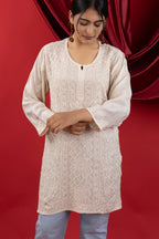 Beige Muslin Short Kurti with Hand Chikankari Jaal Embroidery