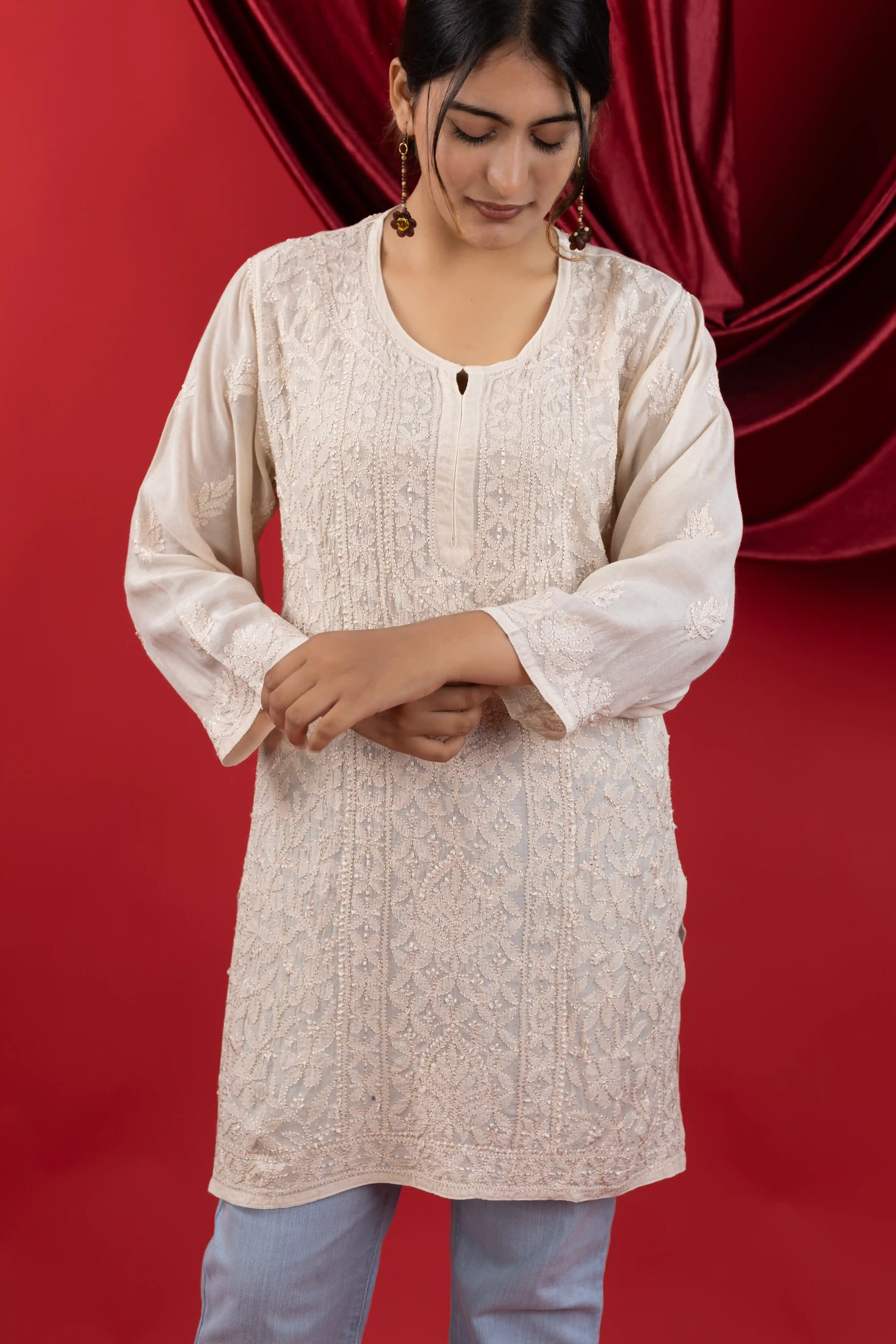 Beige Muslin Short Kurti with Hand Chikankari Jaal Embroidery