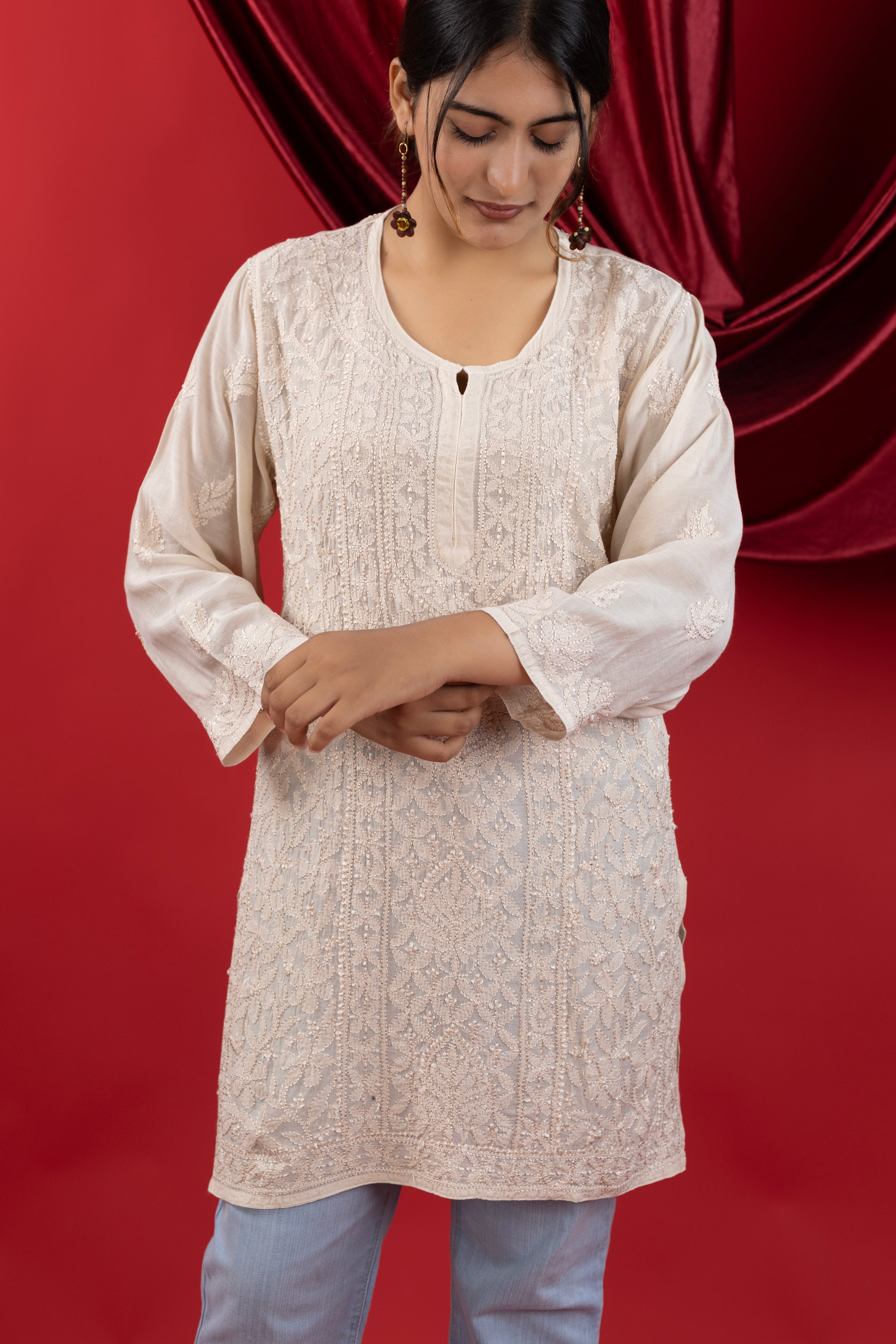 Beige Muslin Short Kurti with Hand Chikankari Jaal Embroidery