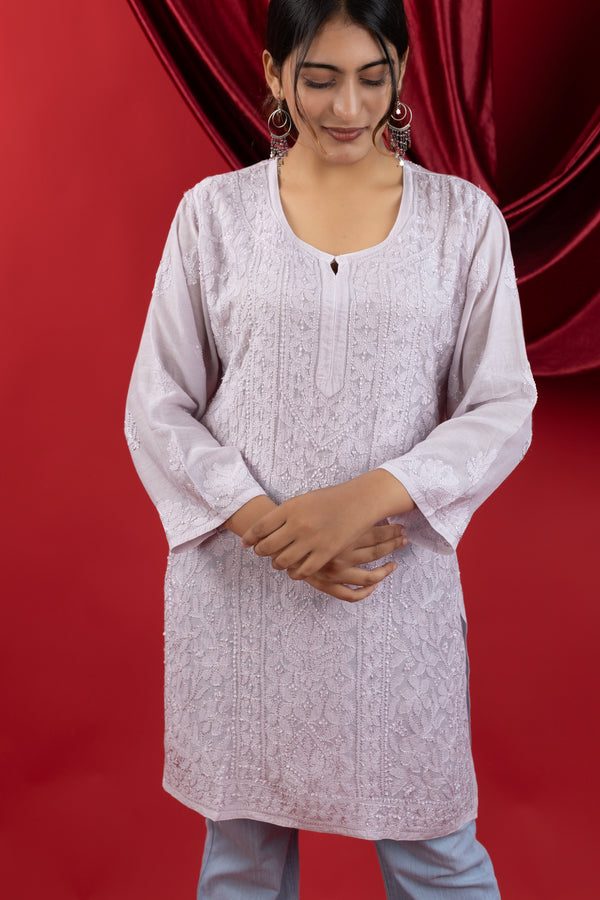 Lavender Muslin Short Kurti with Handcrafted Chikankari Jaal Embroidery