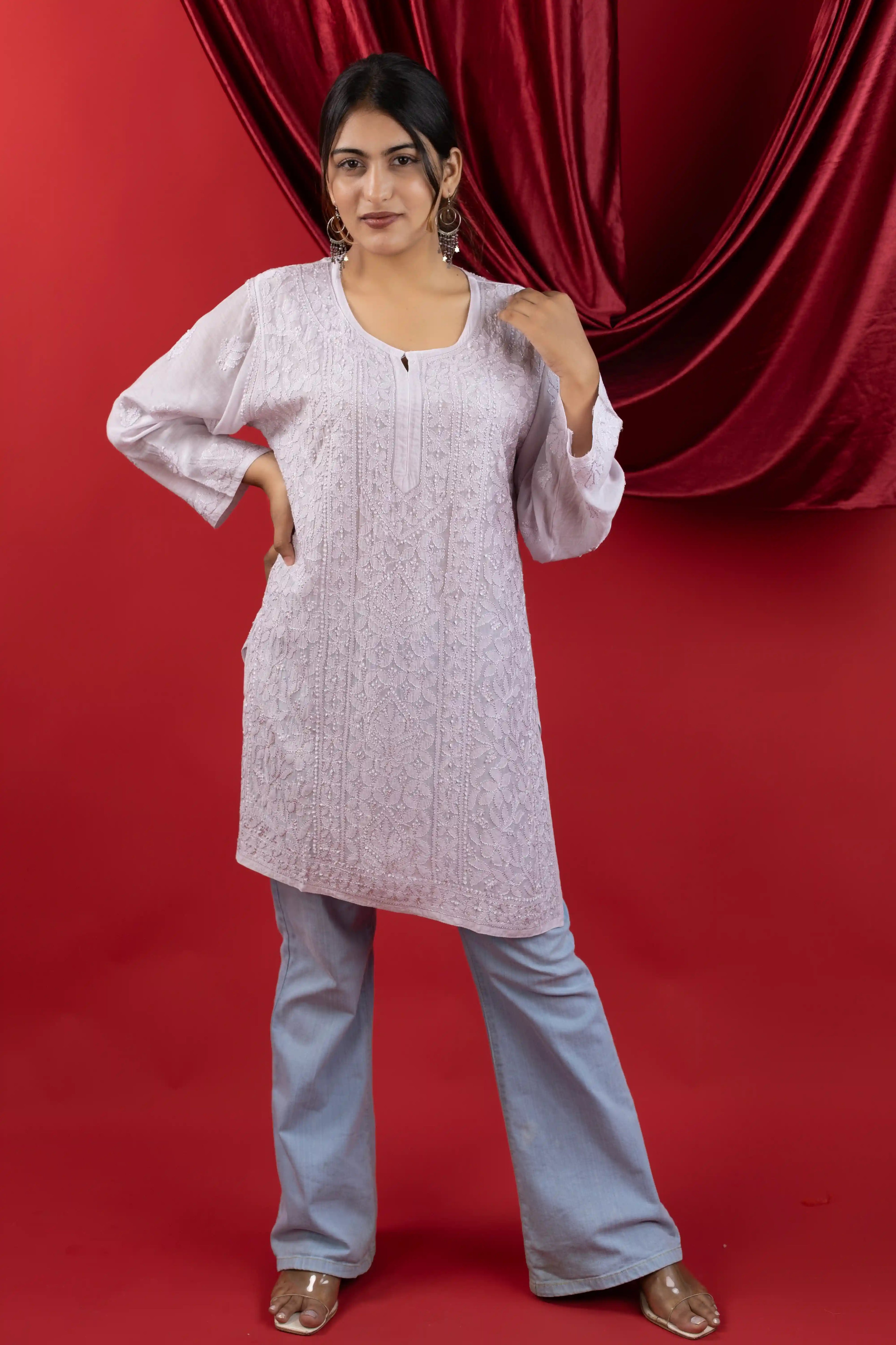 Lavender Muslin Short Kurti with Handcrafted Chikankari Jaal Embroidery