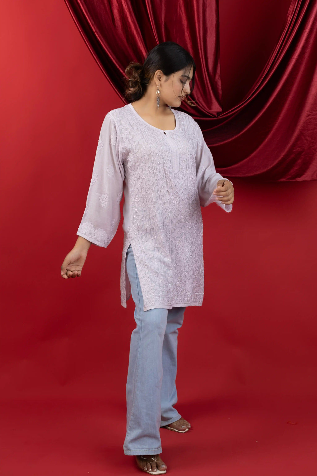 Lavender Muslin Short Kurti with Handcrafted Chikankari Jaal Embroidery