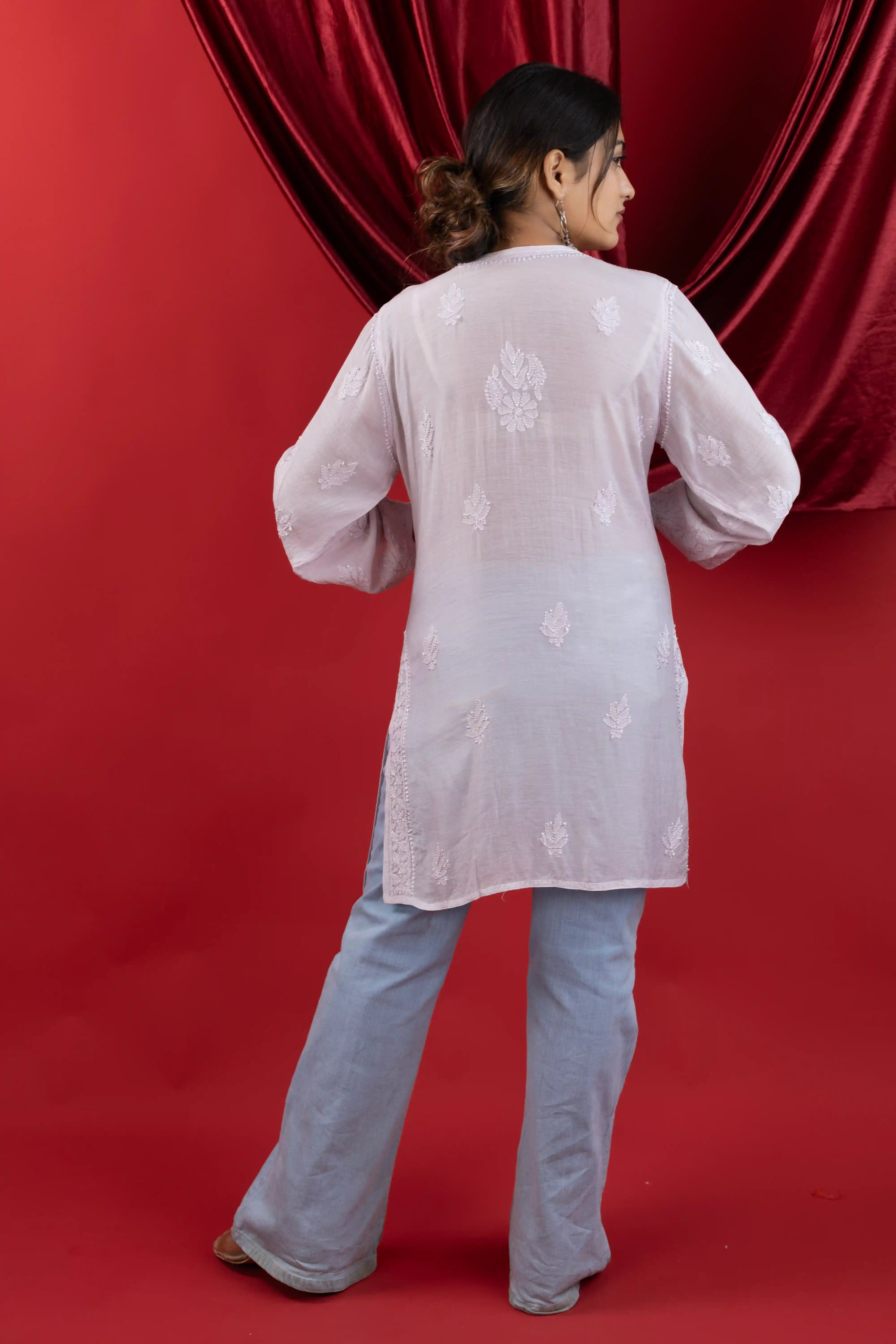 Lavender Muslin Short Kurti with Handcrafted Chikankari Jaal Embroidery
