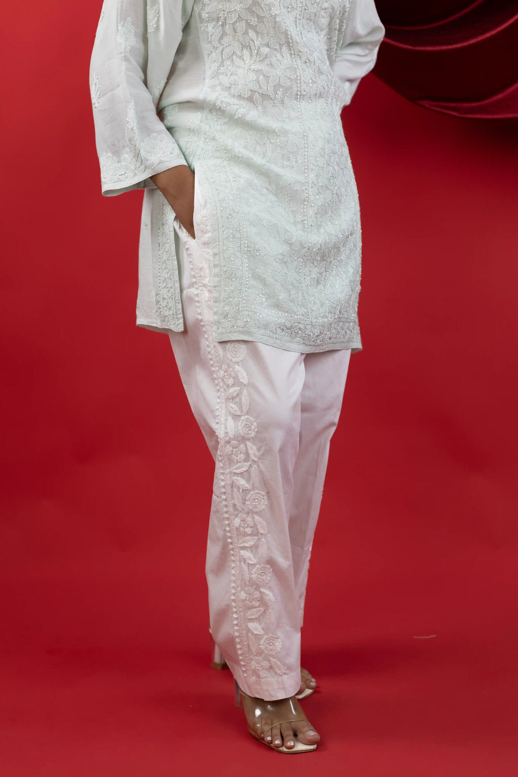 Classic White Cotton Pants with Full-Side Hand Chikankari Embroidery