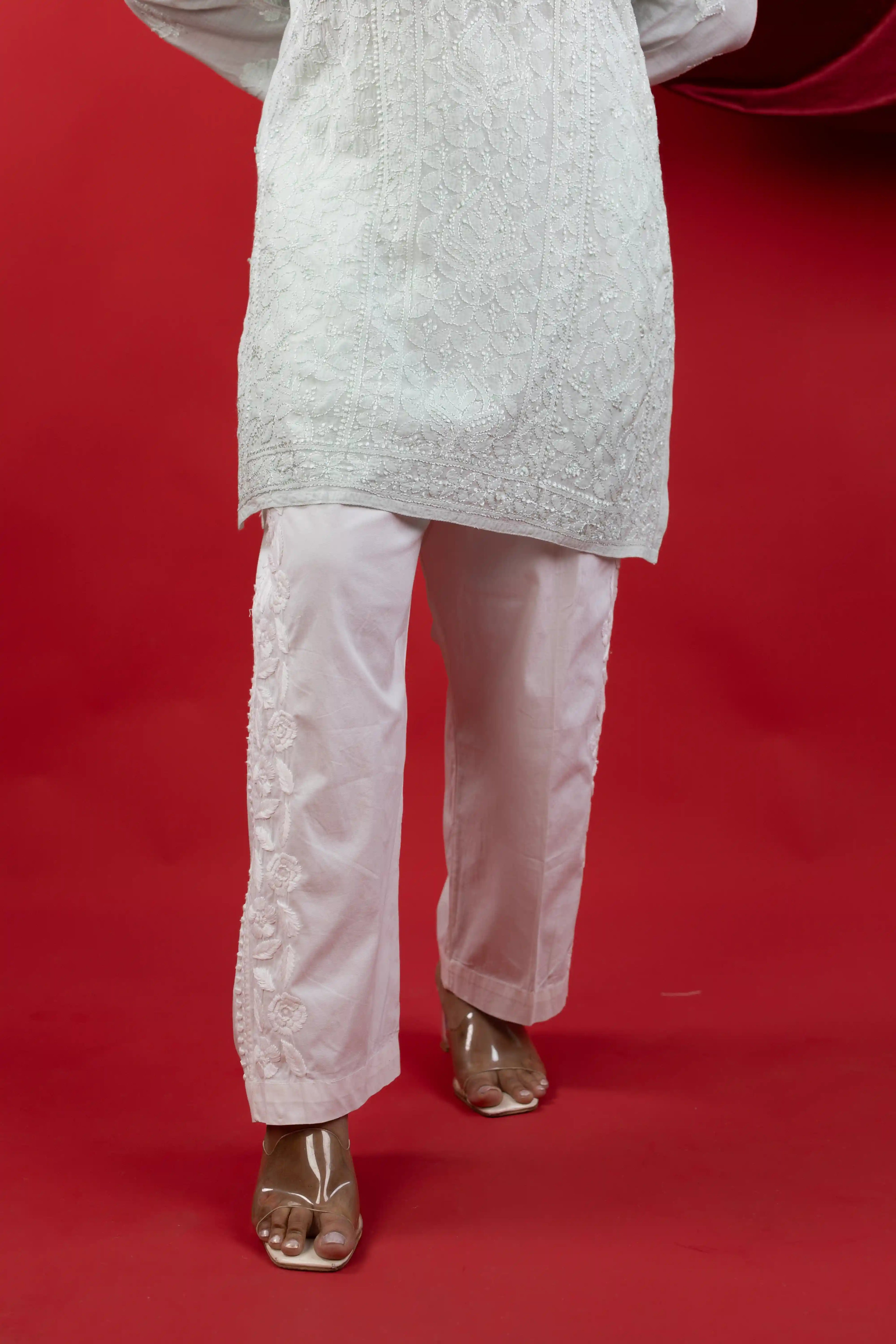 Classic White Cotton Pants with Full-Side Hand Chikankari Embroidery
