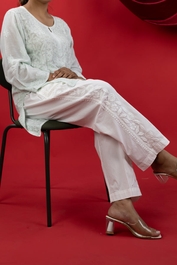 Classic White Cotton Pants with Full-Side Hand Chikankari Embroidery