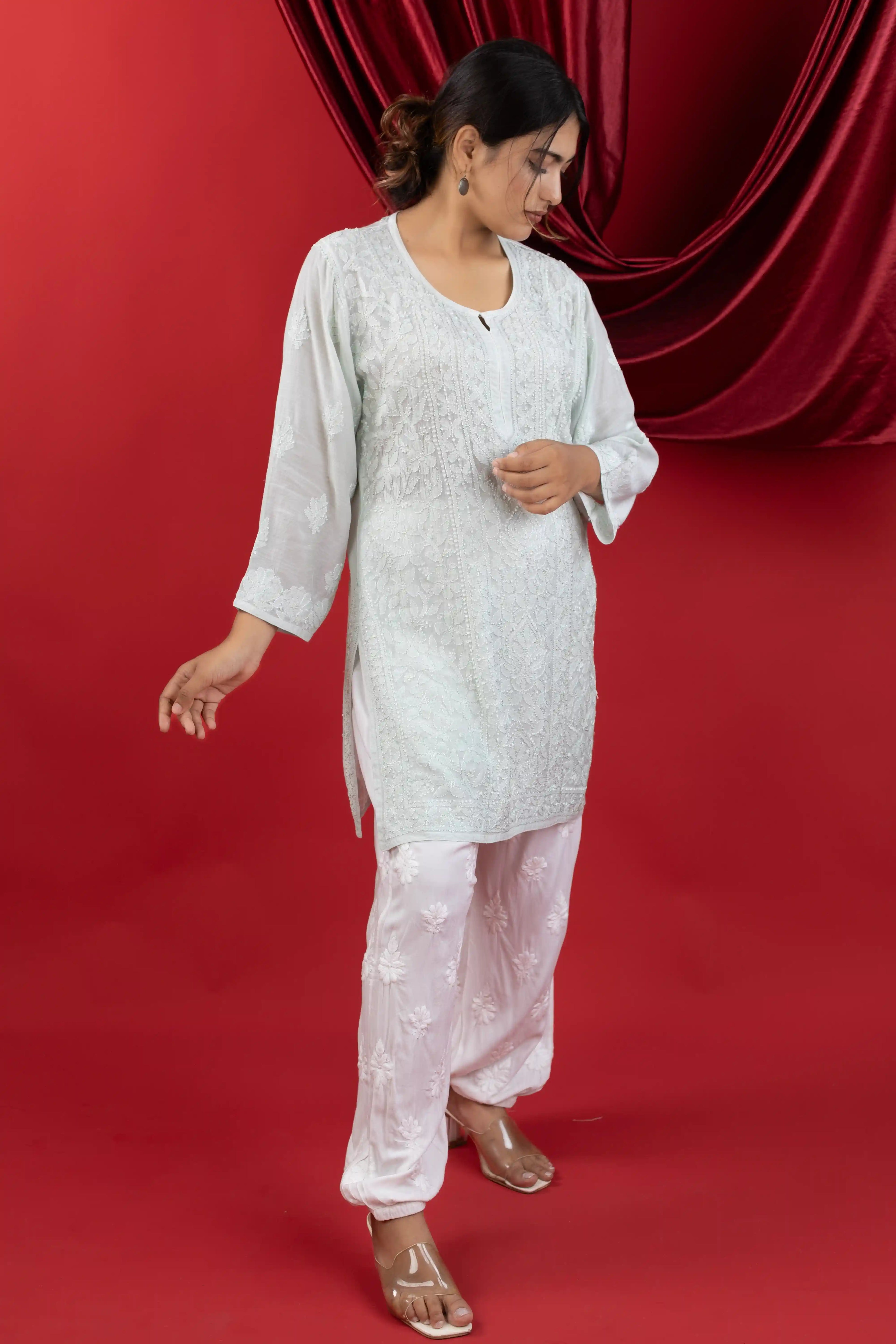 Mint Green Muslin Short Kurti with Hand Chikankari Jaal Work