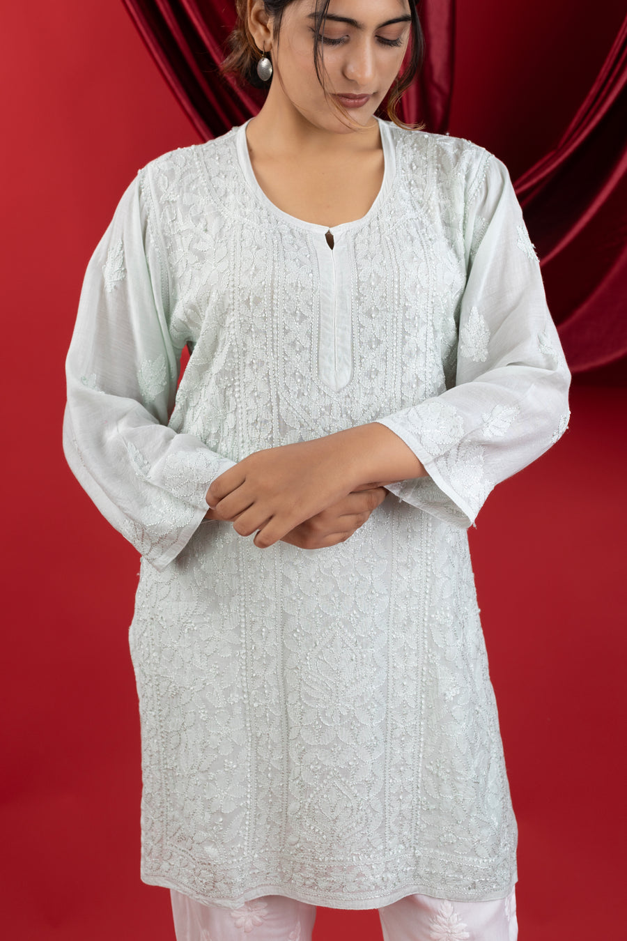 Mint Green Muslin Short Kurti with Hand Chikankari Jaal Work