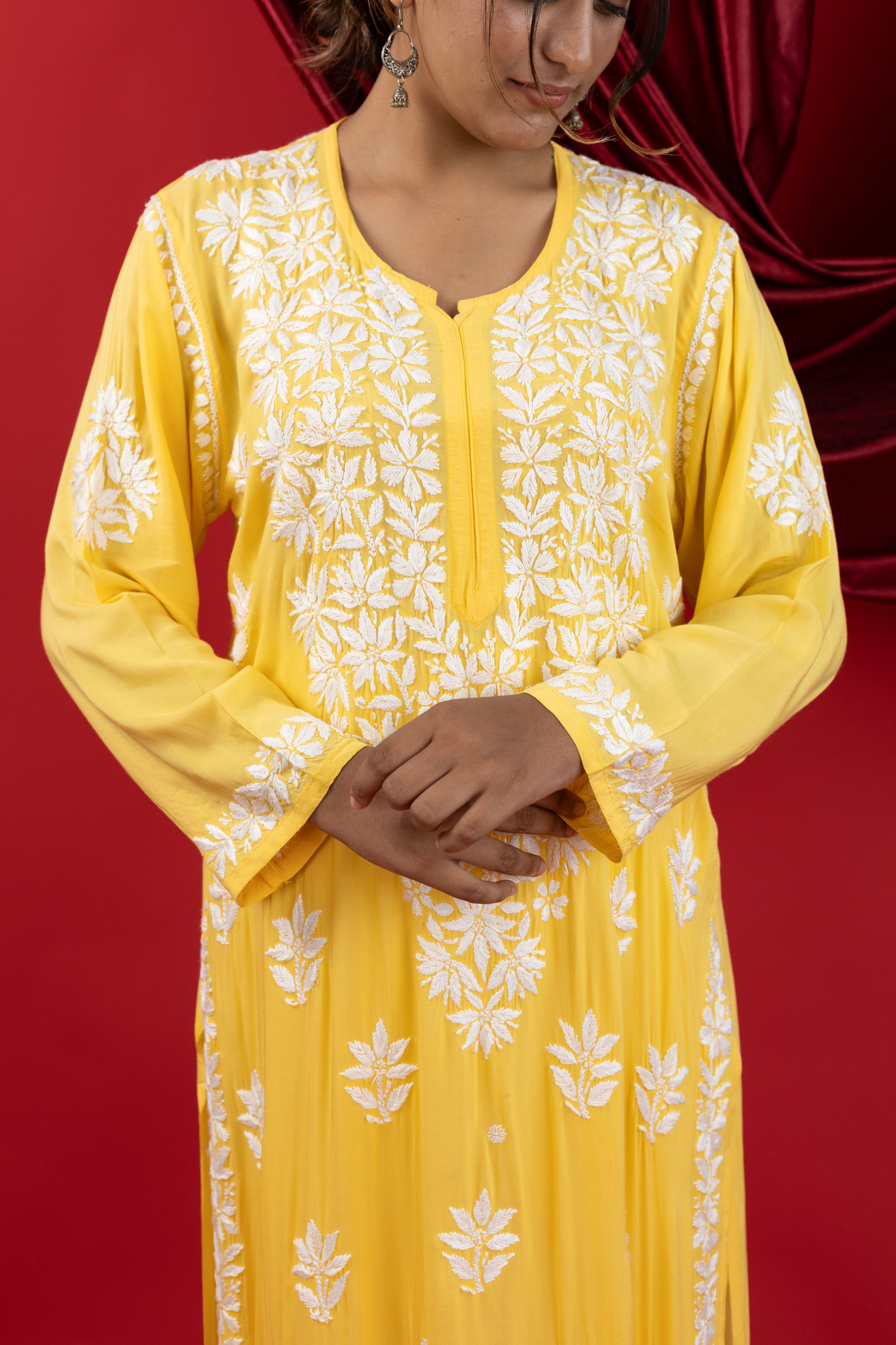 Sunshine Yellow Handcrafted Chikankari Modal Kurta