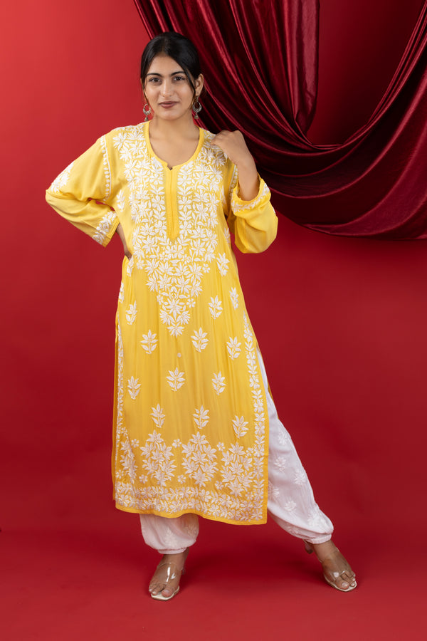 Sunshine Yellow Handcrafted Chikankari Modal Kurta